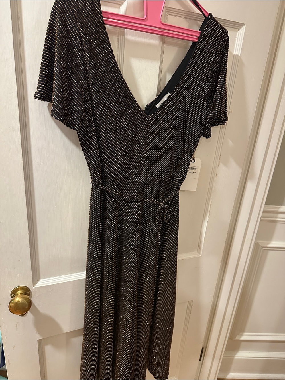 Black Metallic Stripe V-Neck Dress